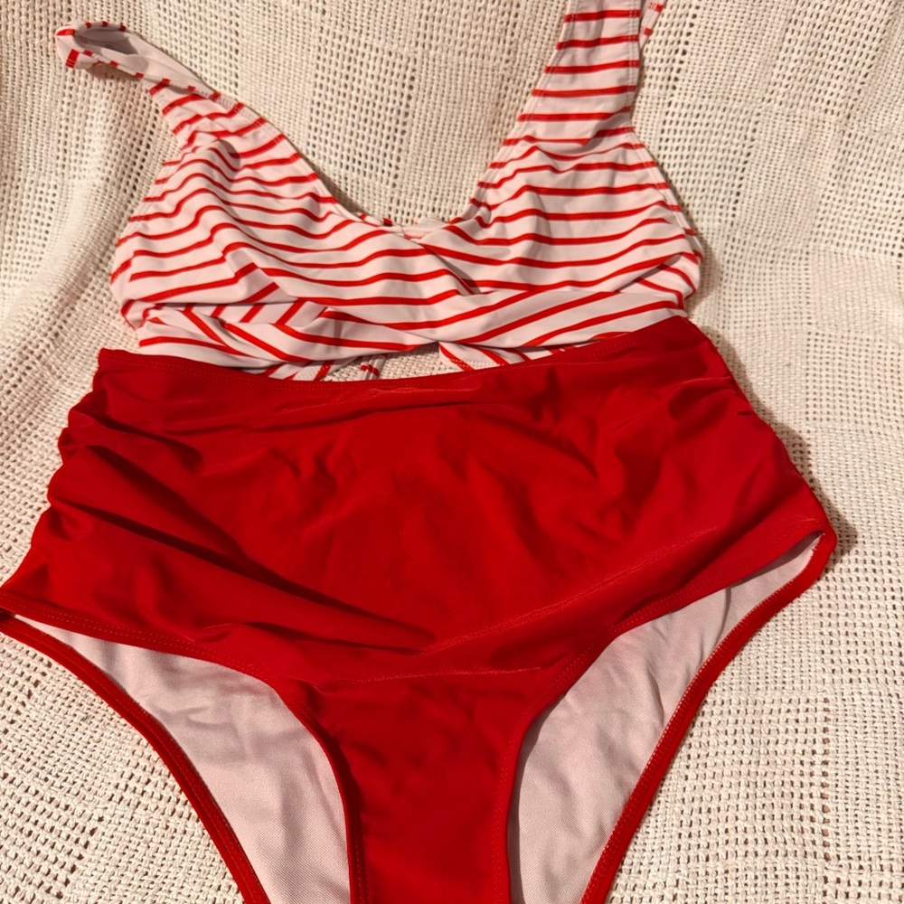 Red and White Striped Swimsuit
